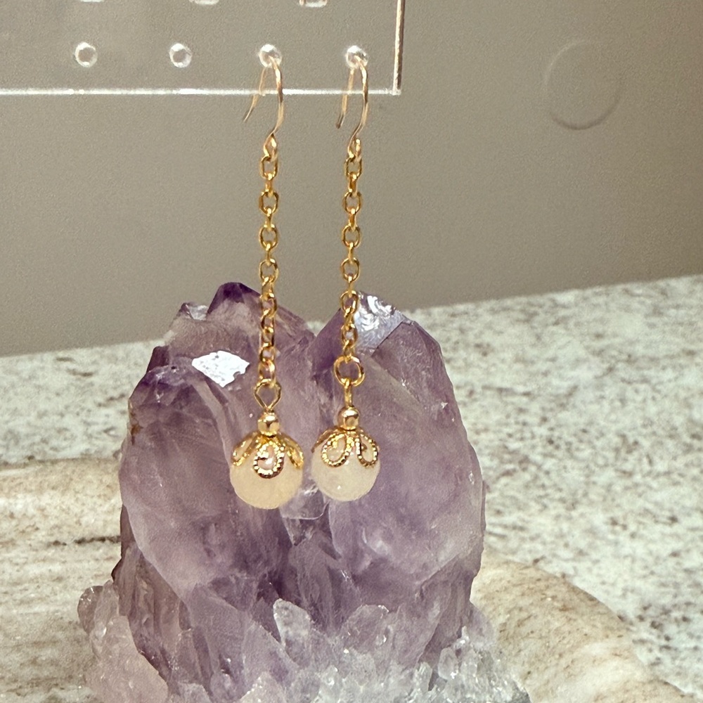 Delicate Carved White Agate Dangle Earrings Gold-Filled